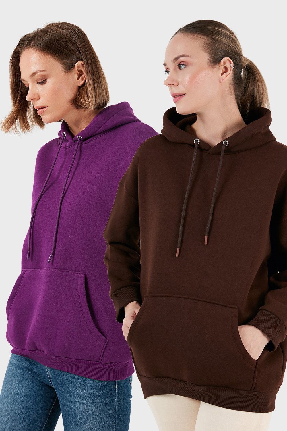 Regular Fit Pamuklu Kapüşonlu Yaka Şardonlu Kışlık 2'li Paket Kadın Sweat 5863854S2 KAHVE-MOR