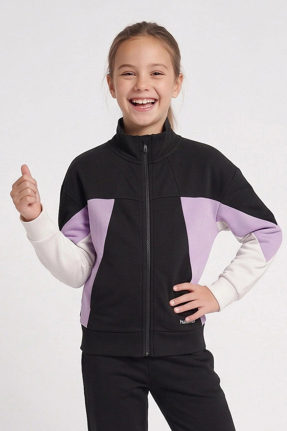 Renk Bloklu Pamuklu Dik Yaka Fermuarlı Kız Çocuk Sweat 922566-2001 SİYAH