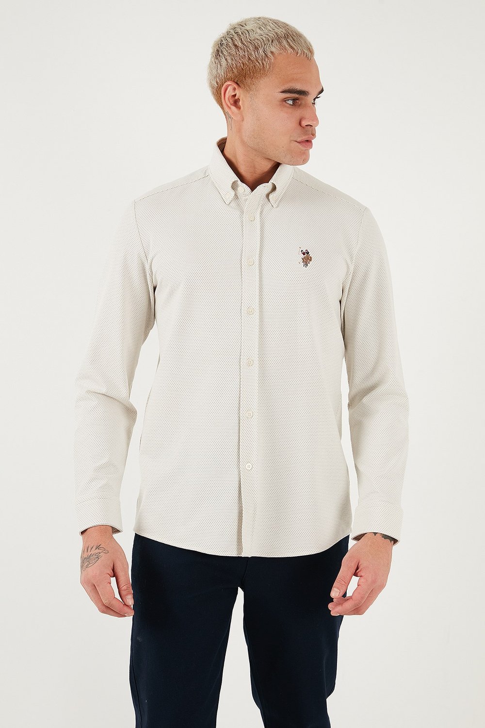 U.S. Polo Pamuk Karışımlı Logolu Uzun Kollu Erkek Gömlek G081SZ0OG2335721 EKRU