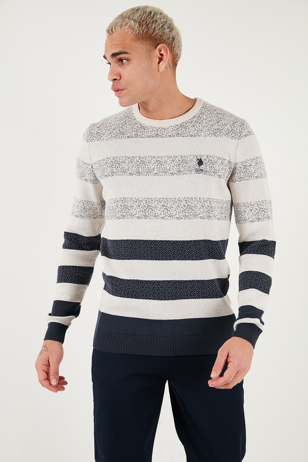 U.S. Polo Pamuklu Regular Fit Çizgili Bisiklet Yaka Erkek Kazak G081GL0TK2227832 AÇIK LACİVERT