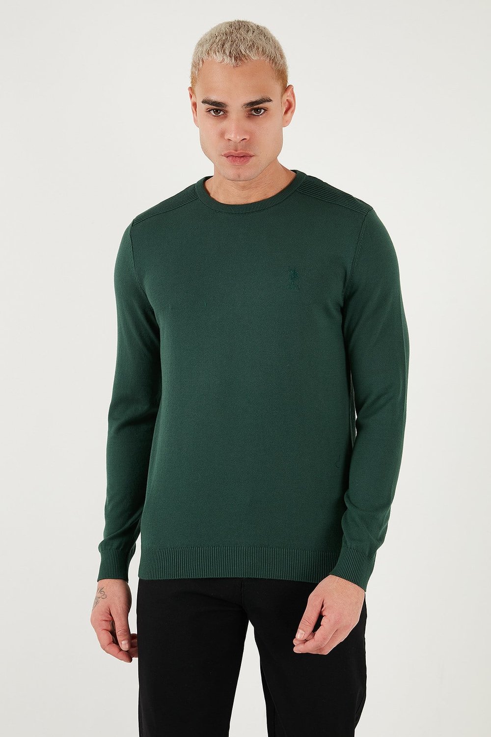 U.S. Polo Pamuklu Slim Fit Logolu Bisiklet Yaka Erkek Kazak G081SZ0TK2226959 KOYU YEŞİL