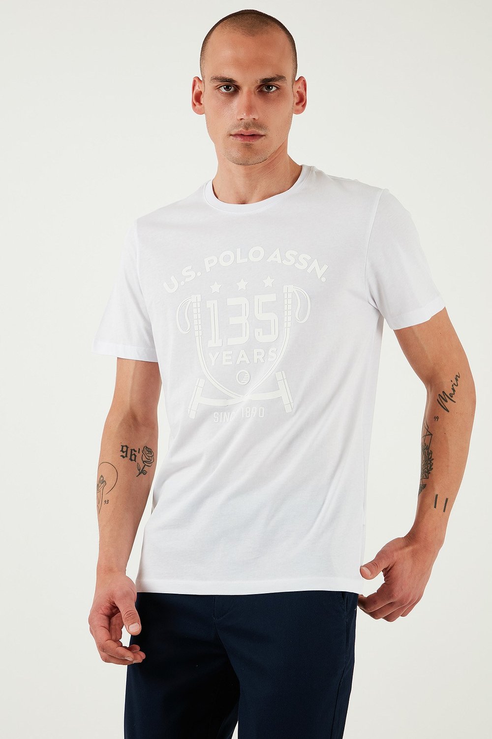 U.S. Polo % 100 Pamuk Regular Fit Bisiklet Yaka Logo Baskılı Erkek T Shirt G081SZ0112105708 BEYAZ