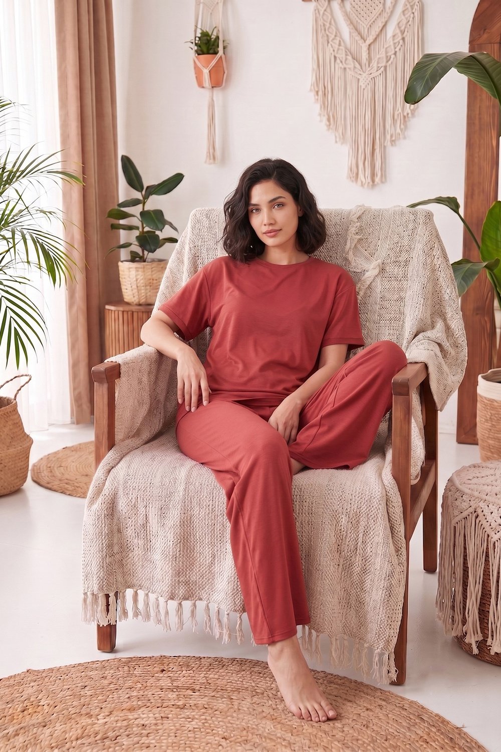 Yumuşak Dokulu Bisiklet Yaka Lastikli Bel Kısa Kollu Kadın Pijama Takımı 65720102 KİREMİT