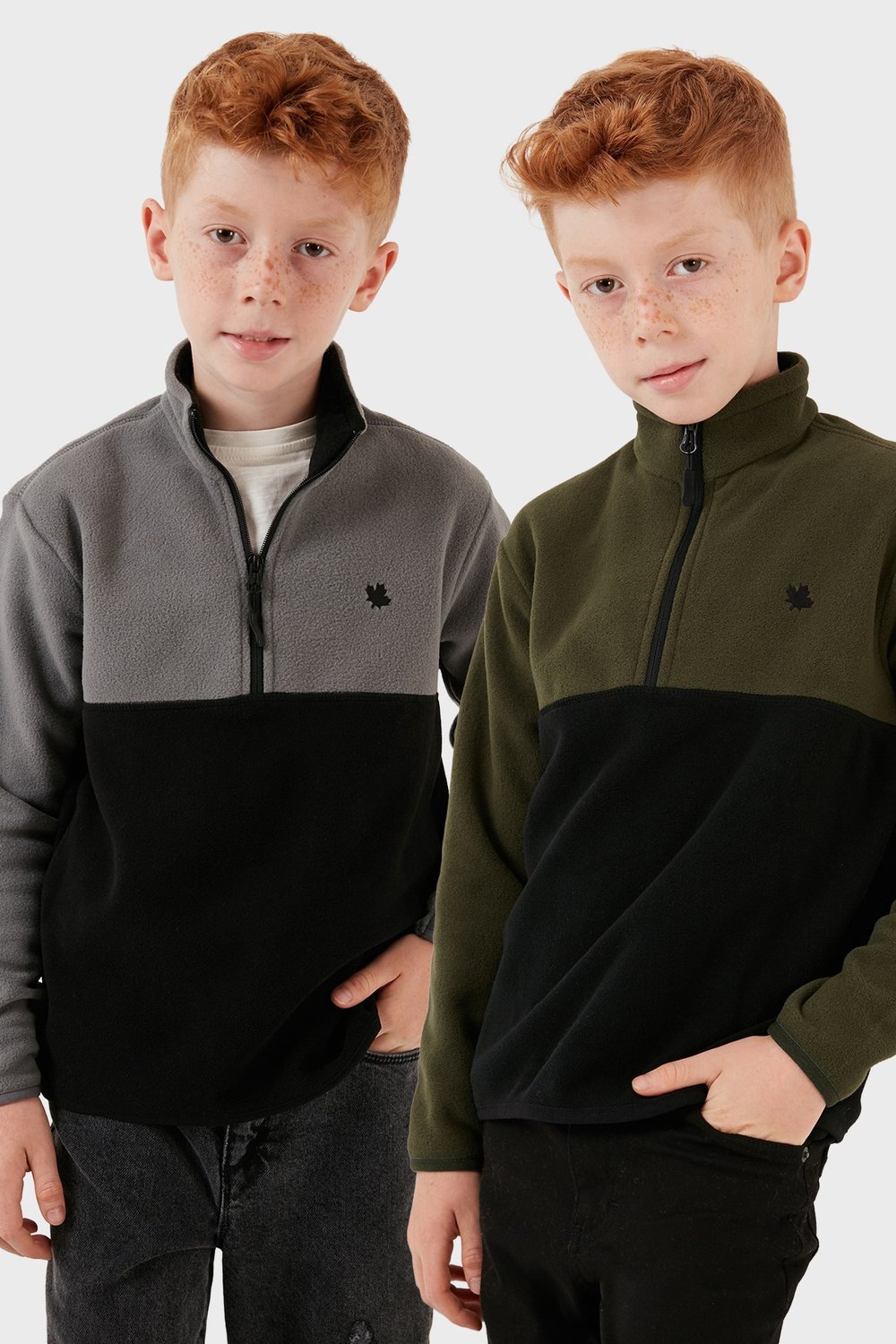 Yumuşak Dokulu Yarım Fermuarlı Renk Bloklu Dik Yaka Unisex Çocuk 2'li Paket Polar 5905004S2 Gri Siyah-Haki Siyah
