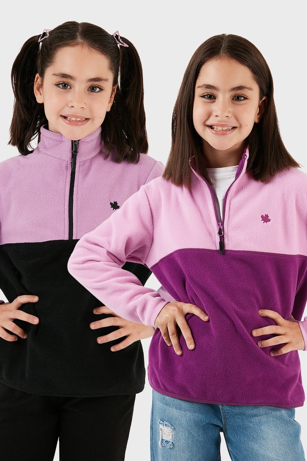 Yumuşak Dokulu Yarım Fermuarlı Renk Bloklu Dik Yaka Unisex Çocuk 2'li Paket Polar 5905004S2 Lila Siyah-Şeker Pembe Mor