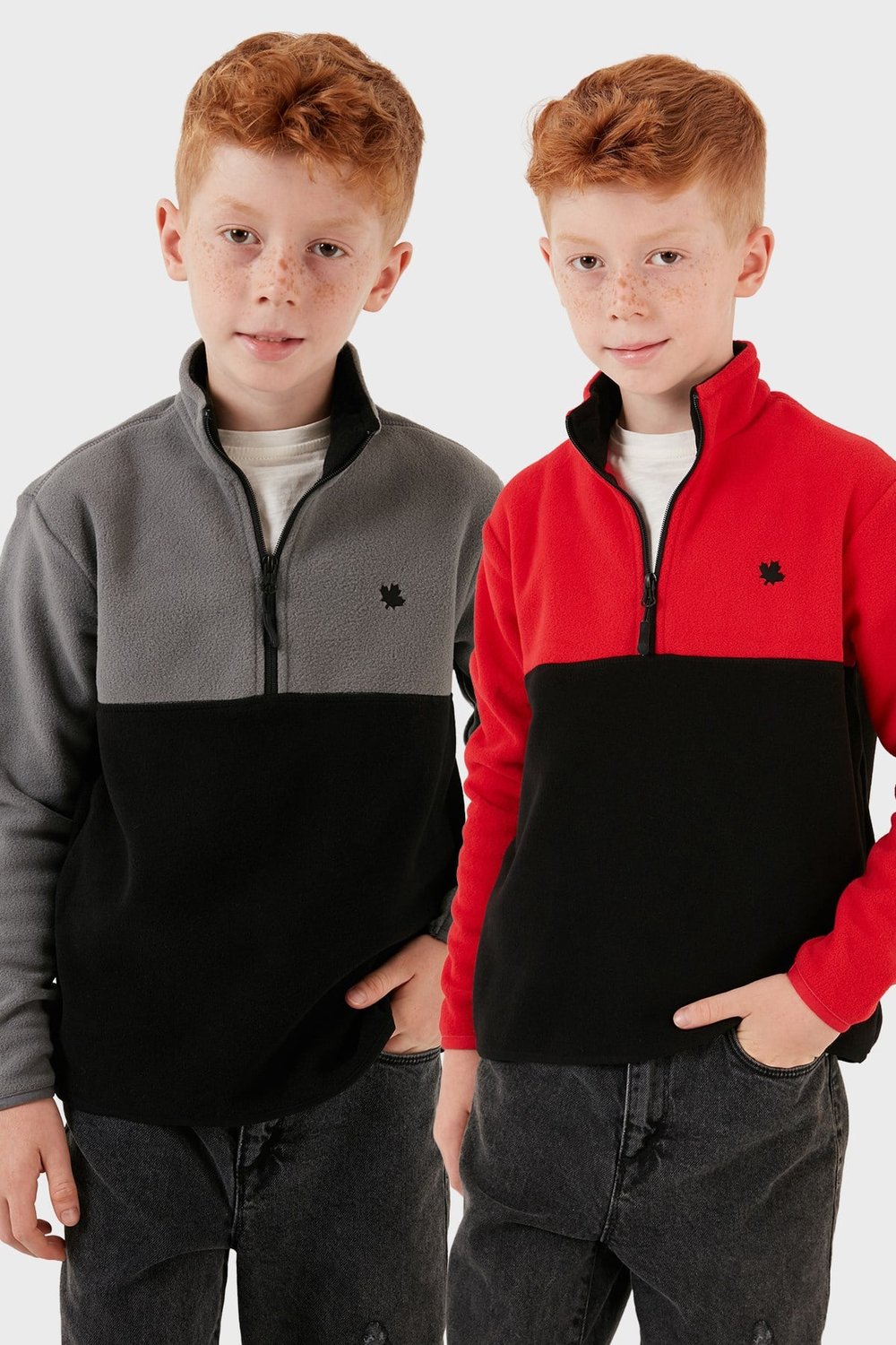 Yumuşak Dokulu Yarım Fermuarlı Renk Bloklu Dik Yaka Unisex Çocuk 2'li Paket Polar 5905004S2 Gri Siyah-Kırmızı Siyah