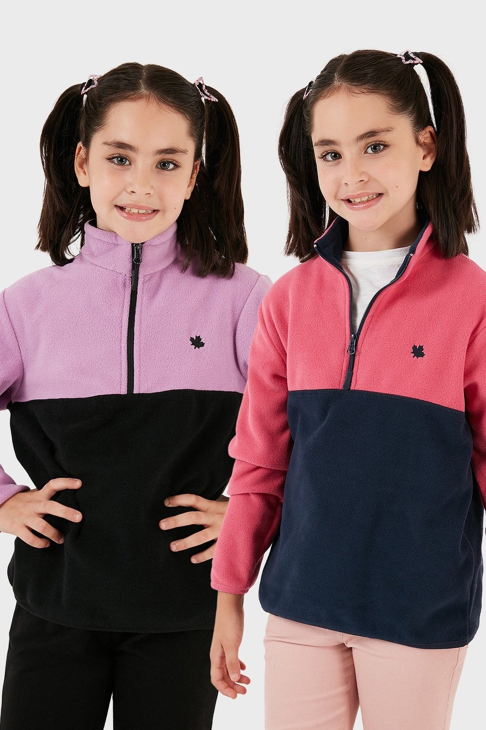 Yumuşak Dokulu Yarım Fermuarlı Renk Bloklu Dik Yaka Unisex Çocuk 2'li Paket Polar 5905004S2 Fuşya Lacivert-Lila Siyah