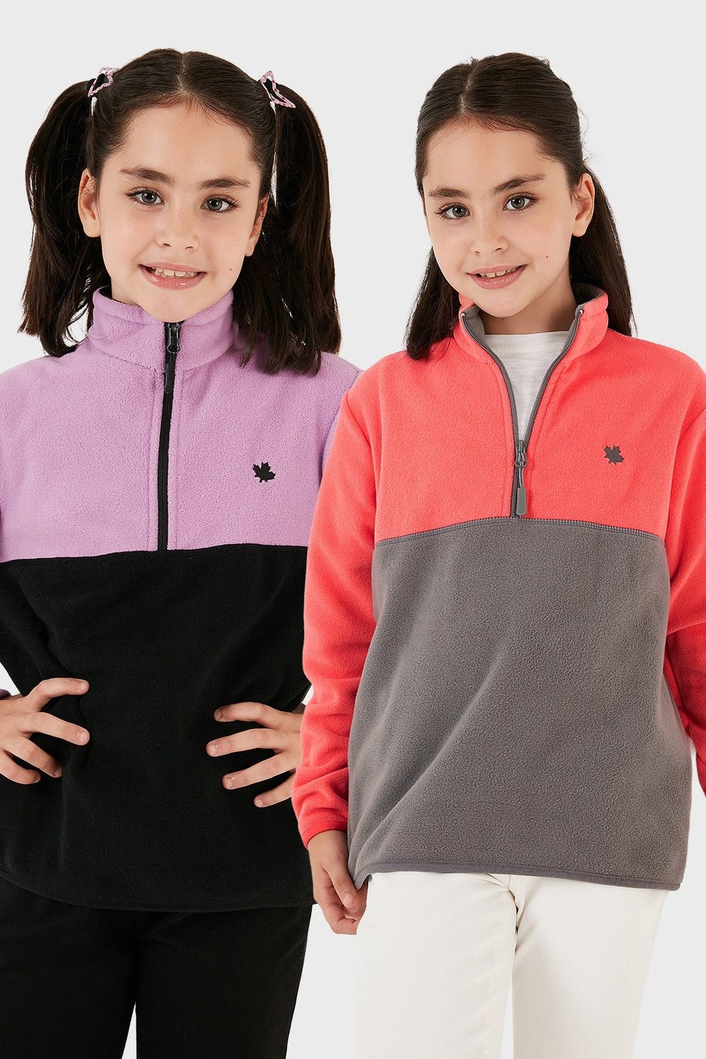 Yumuşak Dokulu Yarım Fermuarlı Renk Bloklu Dik Yaka Unisex Çocuk 2'li Paket Polar 5905004S2 Lila Siyah-Somon Gri