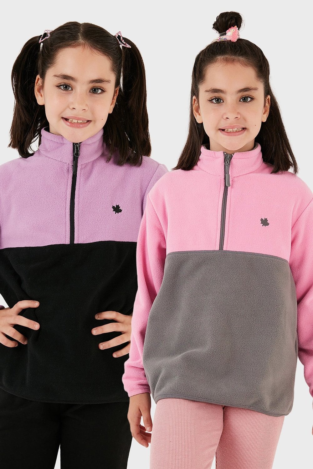 Yumuşak Dokulu Yarım Fermuarlı Renk Bloklu Dik Yaka Unisex Çocuk 2'li Paket Polar 5905004S2 Lila Siyah-Şeker Pembe Gri