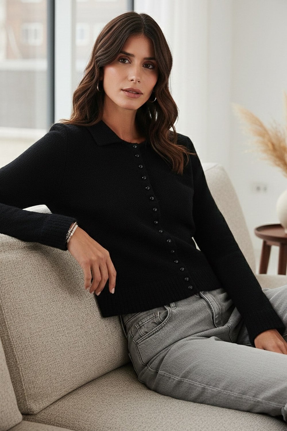 Yün Karışımlı Regular Fit Düğmeli Polo Yaka Kadın Hırka 4617013 SİYAH