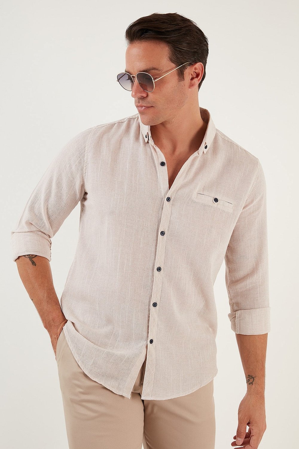% 100 Pamuklu Slim Fit Uzun Kollu Erkek Gömlek CF21S111498 TAŞ