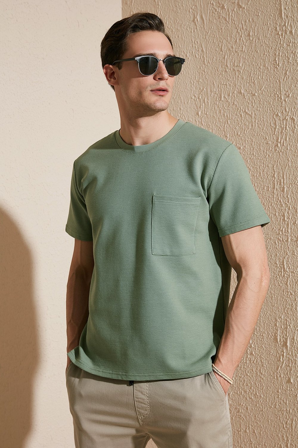 Bisiklet Yaka Tek Cepli Pamuklu Oversize Erkek T Shirt 5902305 ELMA YEŞİLİ