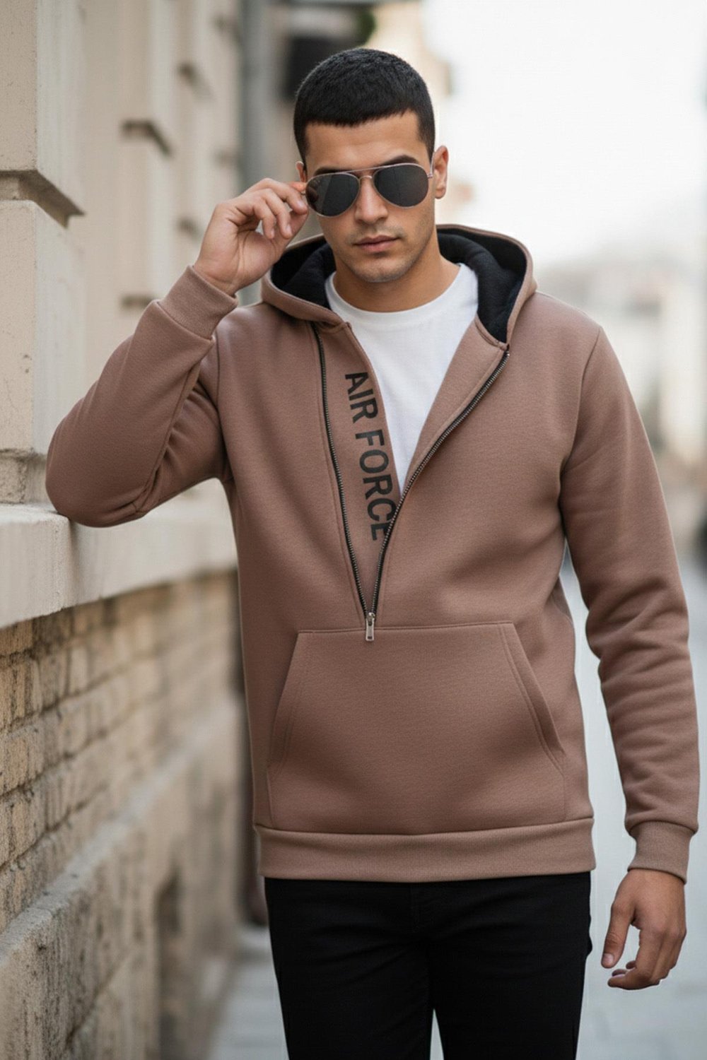 Buratti Kanguru Cepli Fermuarlı Kapüşon Yaka Slim Fit Erkek Sweat 575707 SÜTLÜ KAHVE