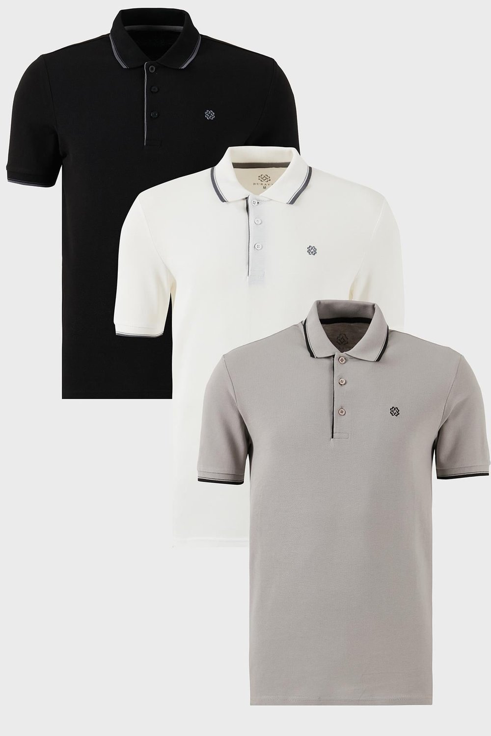 Buratti Pamuklu Slim Fit Şerit Detaylı Düğmeli Polo Yaka 3'lü Paket Erkek T Shirt 5902118S3 Taş-Beyaz-Siyah