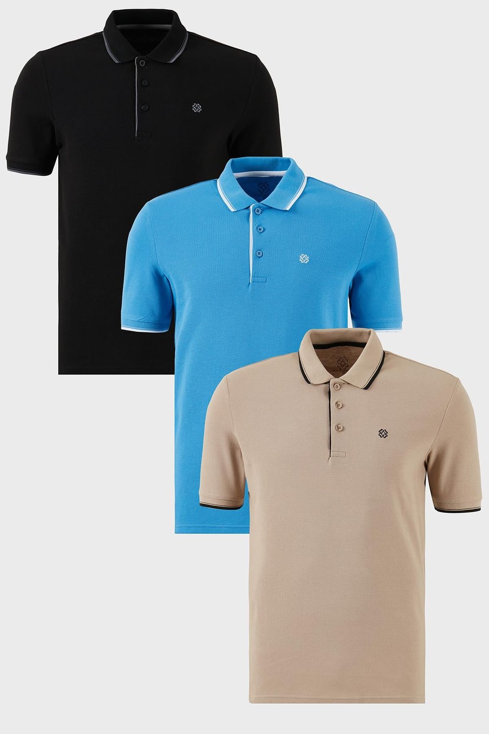 Buratti Pamuklu Slim Fit Şerit Detaylı Düğmeli Polo Yaka 3'lü Paket Erkek T Shirt 5902118S3 Siyah-Vizon-Koyu Mavi