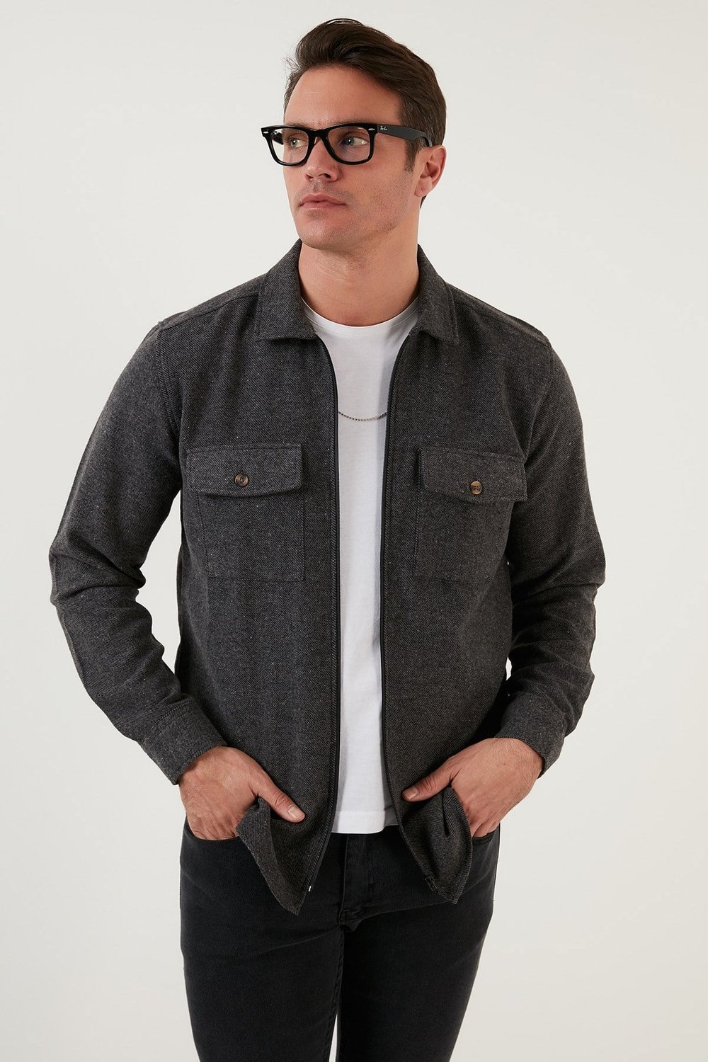 Çift Cepli Fermuarlı Slim Fit Kışlık Erkek Gömlek CF21W112925 KOYU GRİ