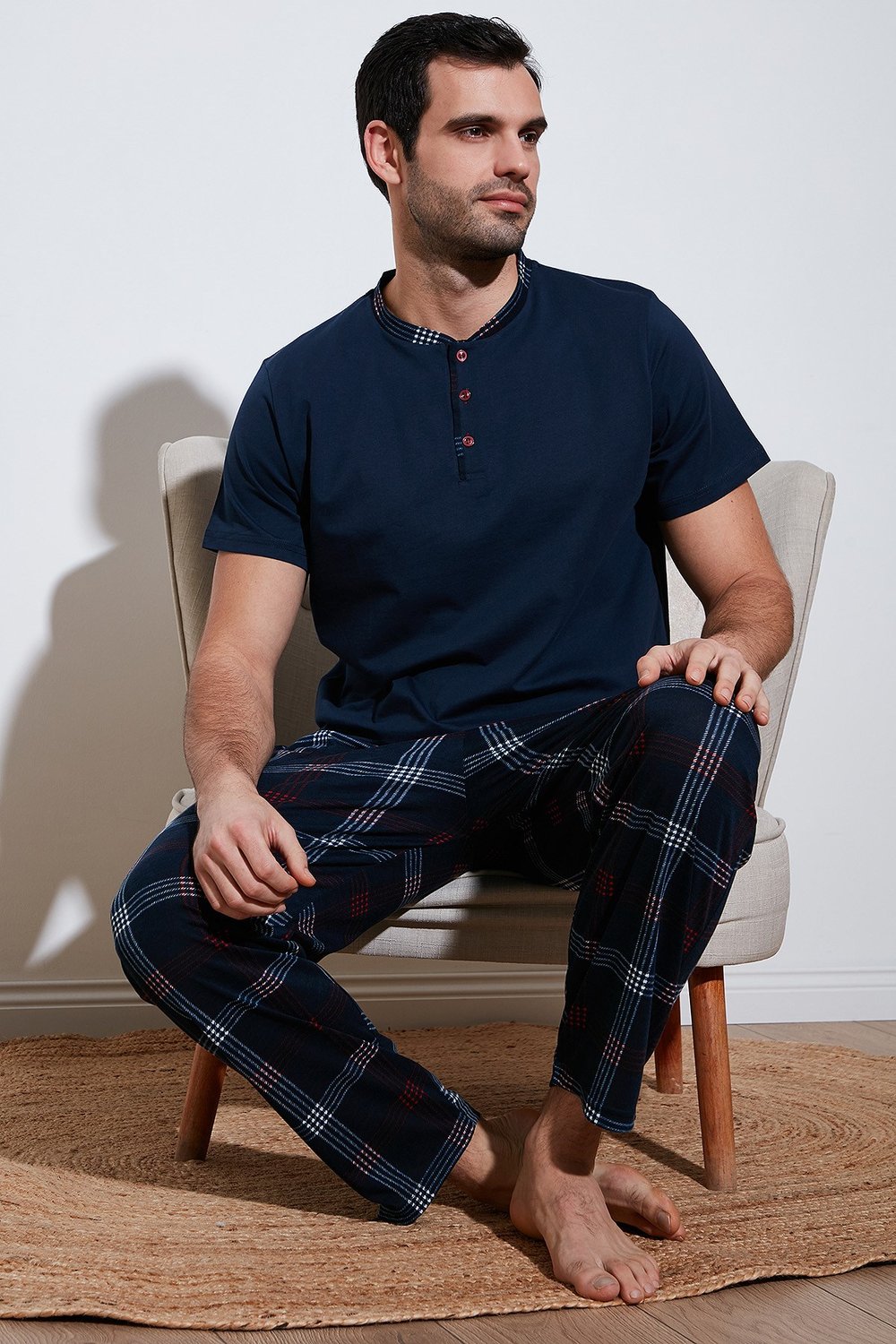 Ekoseli Pamuklu Regular Fit Kısa Kollu Erkek Pijama Takımı 60961007 LACİVERT