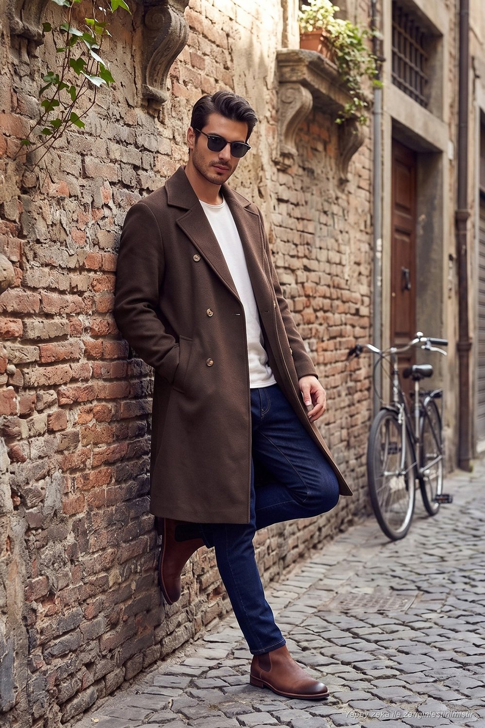 Loose Fit Kruvaze Yaka Uzun Astarlı Kaşe Erkek Kaban 681003 KAHVE