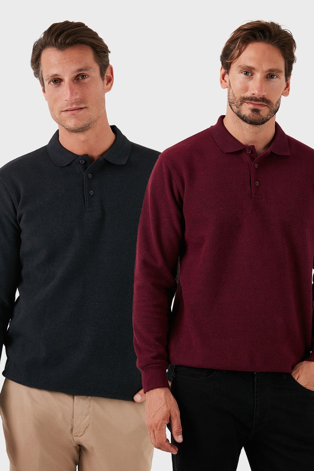 Pamuk Karışımlı Regular Fit 2'li Paket Erkek Polo Yaka Kazak 456223S2 Antrasit-Mürdüm