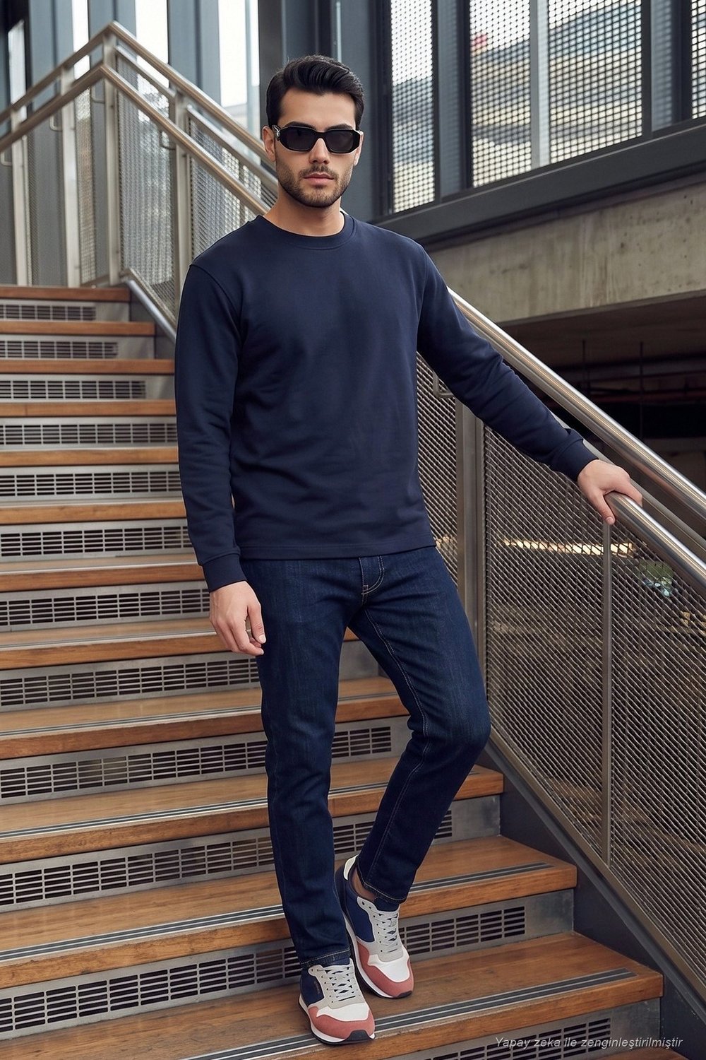 Pamuk Karışımlı Relaxed Fit Bisiklet Yaka Erkek Sweat 5905837 LACİVERT