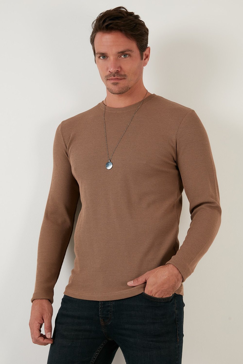 Pamuklu Bisiklet Yaka Normal Kalıp Basic Erkek Sweat 5905073 SAFARİ
