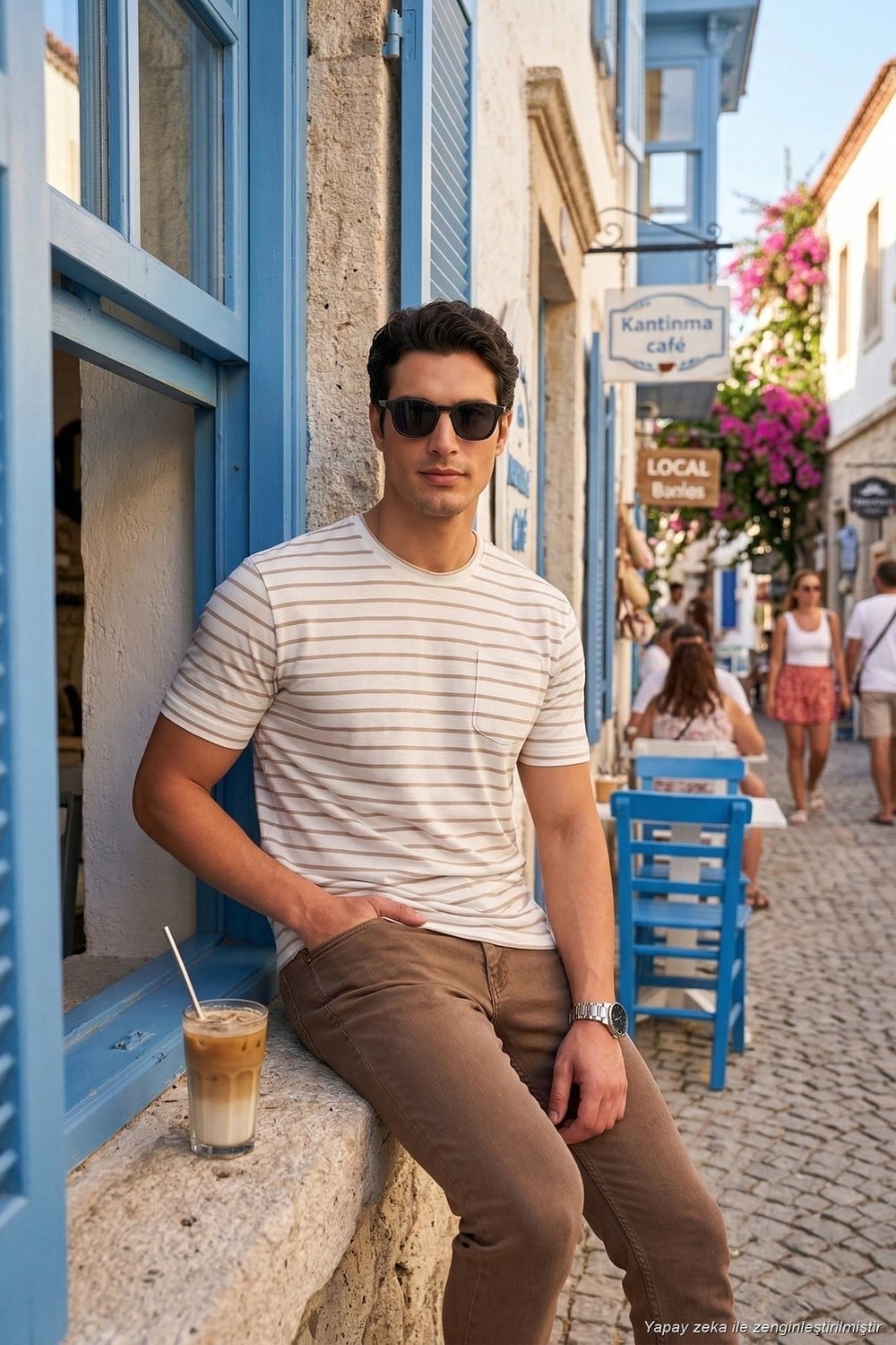 Pamuklu Çizgili Cep Detaylı Bisiklet Yaka Erkek T Shirt 5904057 VİZON