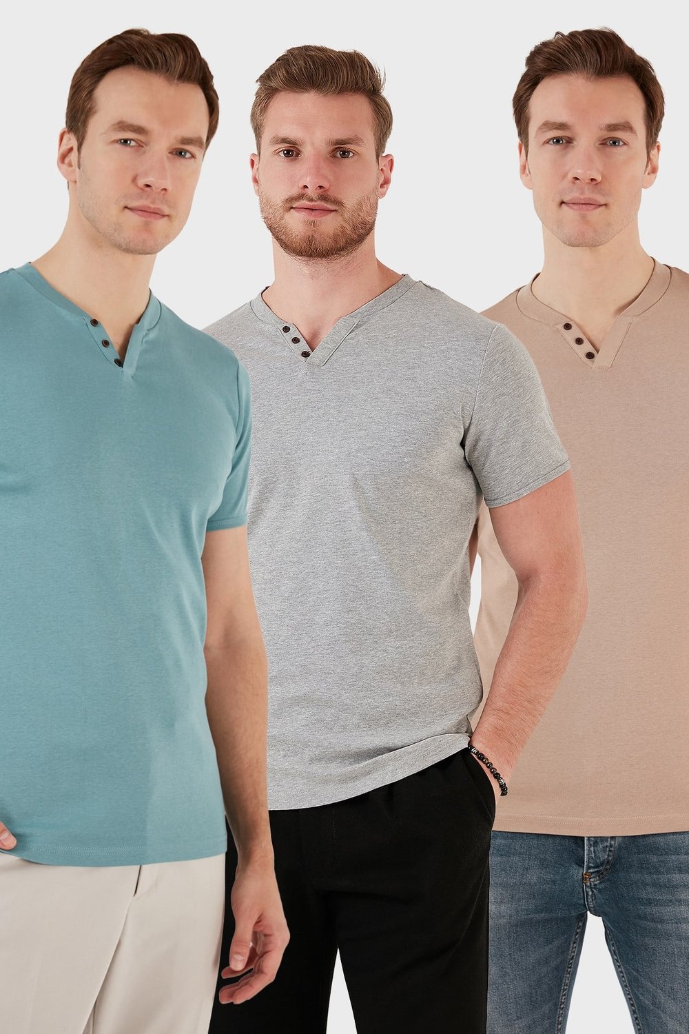 Pamuklu Düğme Detaylı Regular Fit V Yaka 3'lü Paket Erkek T Shirt 5902122S3 Açık Mavi-Gri Melanj-Taş