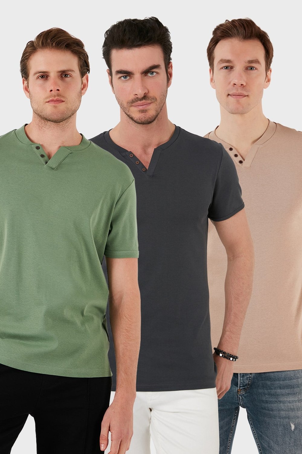 Pamuklu Düğme Detaylı Regular Fit V Yaka 3'lü Paket Erkek T Shirt 5902122S3 Antrasit-Elma Yeşili-Taş