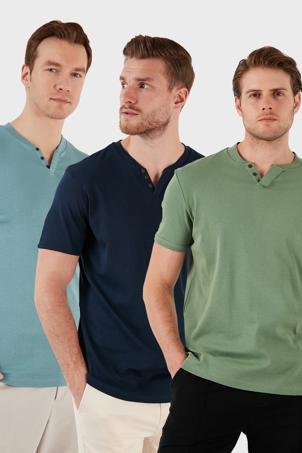 Pamuklu Düğme Detaylı Regular Fit V Yaka 3'lü Paket Erkek T Shirt 5902122S3 İndigo-Açık Mavi-Elma Yeşili