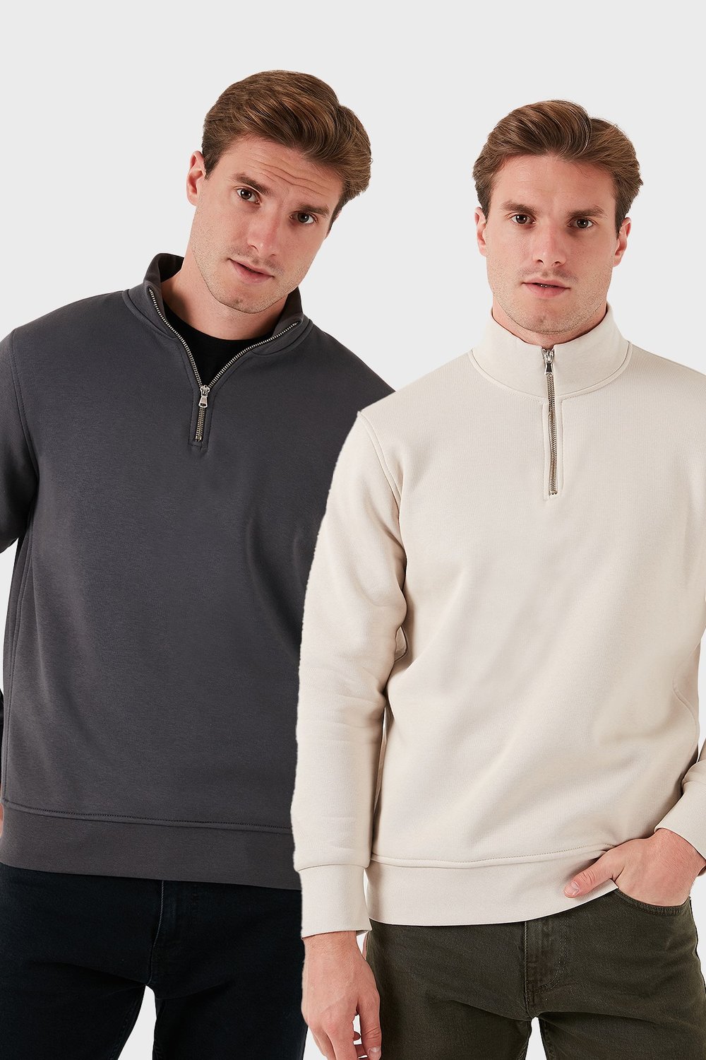 Pamuklu Regular Fit Dik Yaka 2'li Paket Erkek Sweat 59052592S2 KUM-ANTRASİT