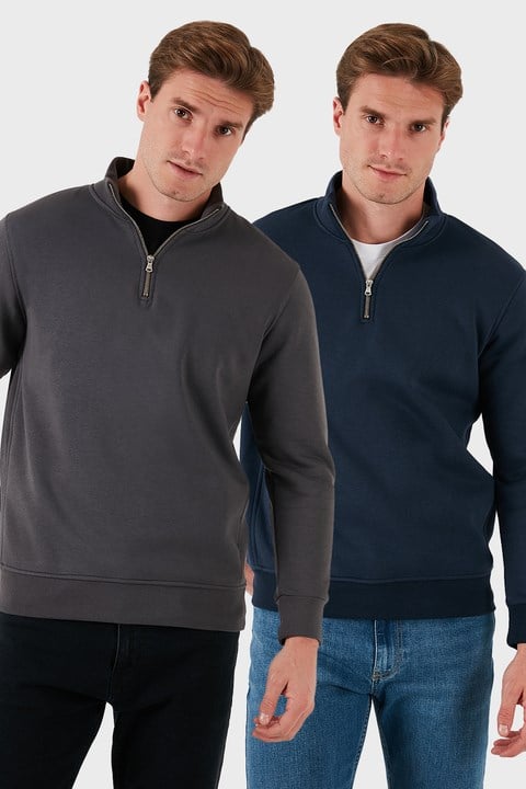 Pamuklu Regular Fit Dik Yaka 2'li Paket Erkek Sweat 59052592S2 Koyu Lacivert-Antrasit
