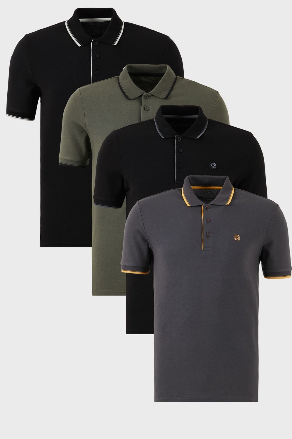 Pamuklu Regular Fit Şerit Detaylı Düğmeli Polo Yaka 4'lü Paket Erkek T Shirt 5902118S4 SİYAH-ANTRASİT-HAKİ-SİYAHBEYAZ