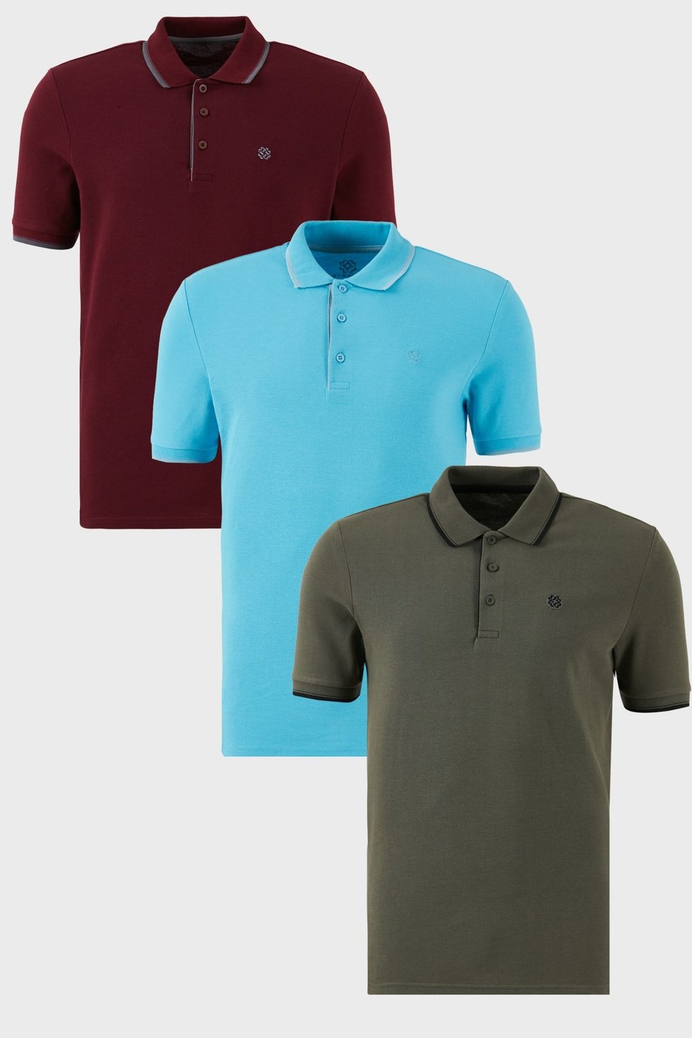 Pamuklu Regular Fit Şerit Detaylı Düğmeli Polo Yaka 3'lü Paket Erkek T Shirt 5902118S3 Vişne-Haki-Aquamavi