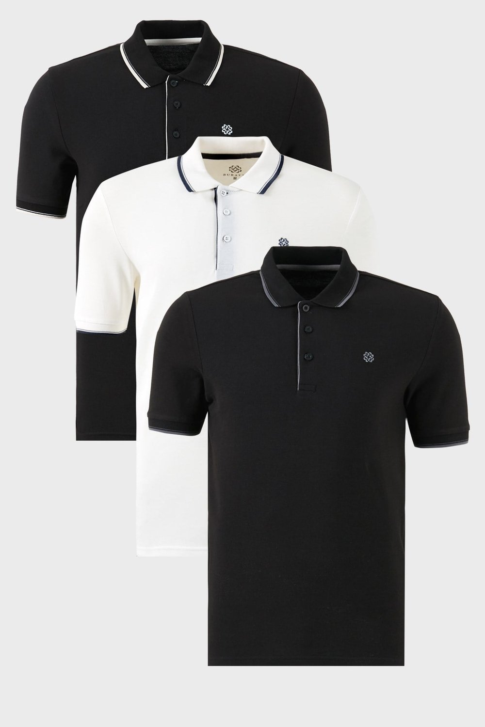 Pamuklu Regular Fit Şerit Detaylı Düğmeli Polo Yaka 3'lü Paket Erkek T Shirt 5902118S3 SİYAH-BEYAZ-SİYAHBEYAZ