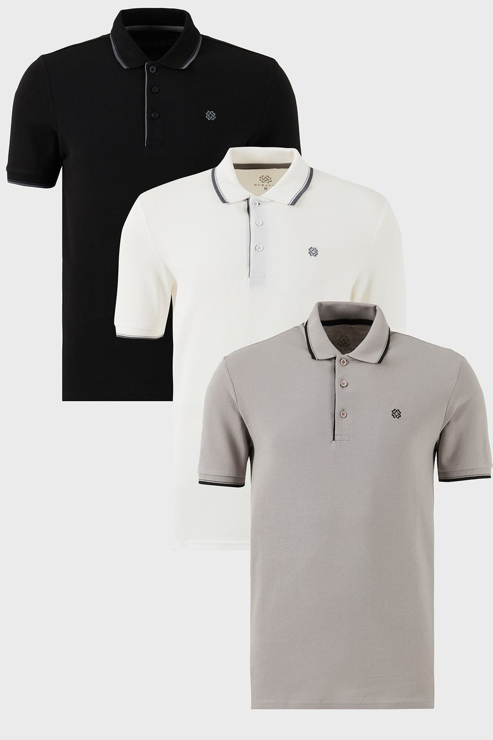 Pamuklu Regular Fit Şerit Detaylı Düğmeli Polo Yaka 3'lü Paket Erkek T Shirt 5902118S3 Taş-Beyaz-Siyah