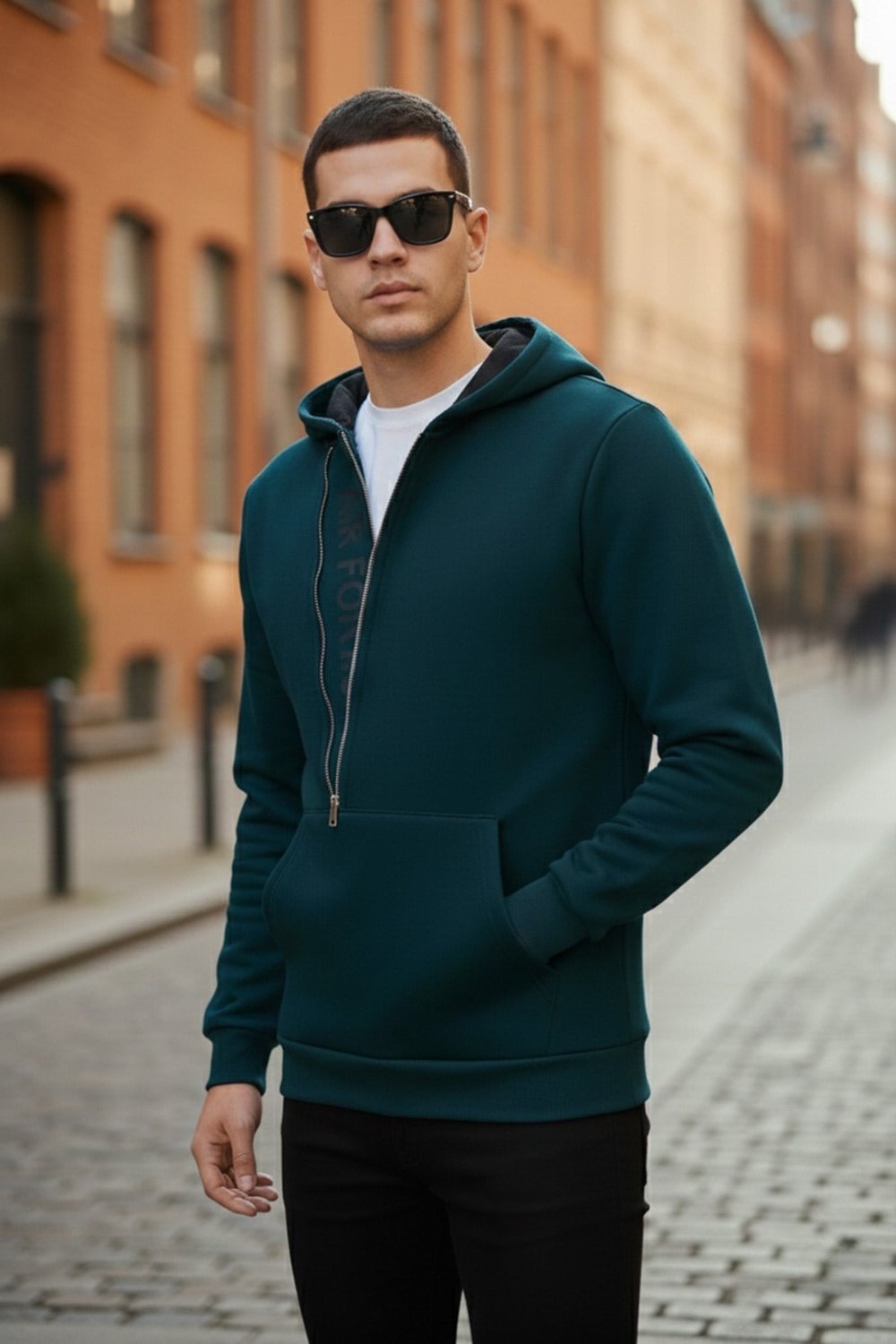 Pamuklu Slim Fit Kanguru Cepli Fermuar Detaylı Kapüşon Yaka Erkek Sweat 575707 PETROL