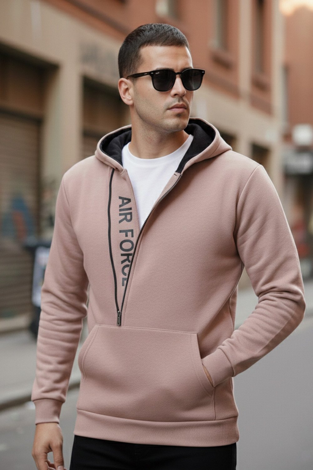 Pamuklu Slim Fit Kanguru Cepli Fermuar Detaylı Kapüşon Yaka Erkek Sweat 575707 GÜL