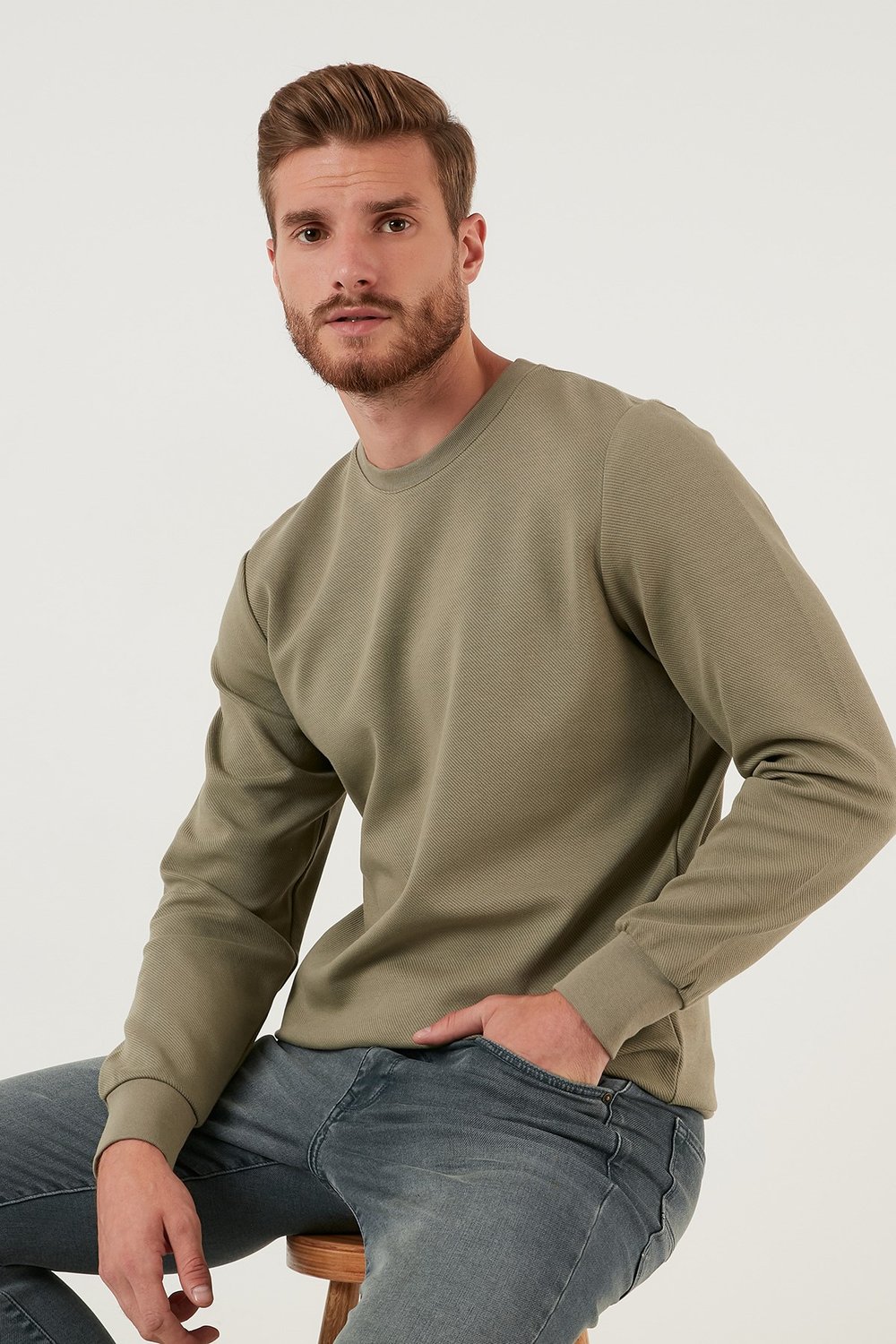 Regular Fit Bisiklet Yaka Pamuklu Erkek Sweat 5905337 HAKİ