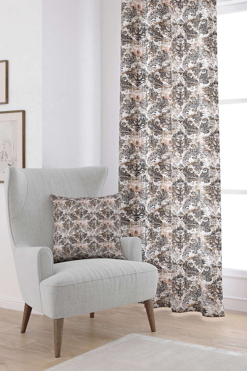 Beyaz Kahverengi Damask Desenli Dijital Baskılı Perde CGH118-PR