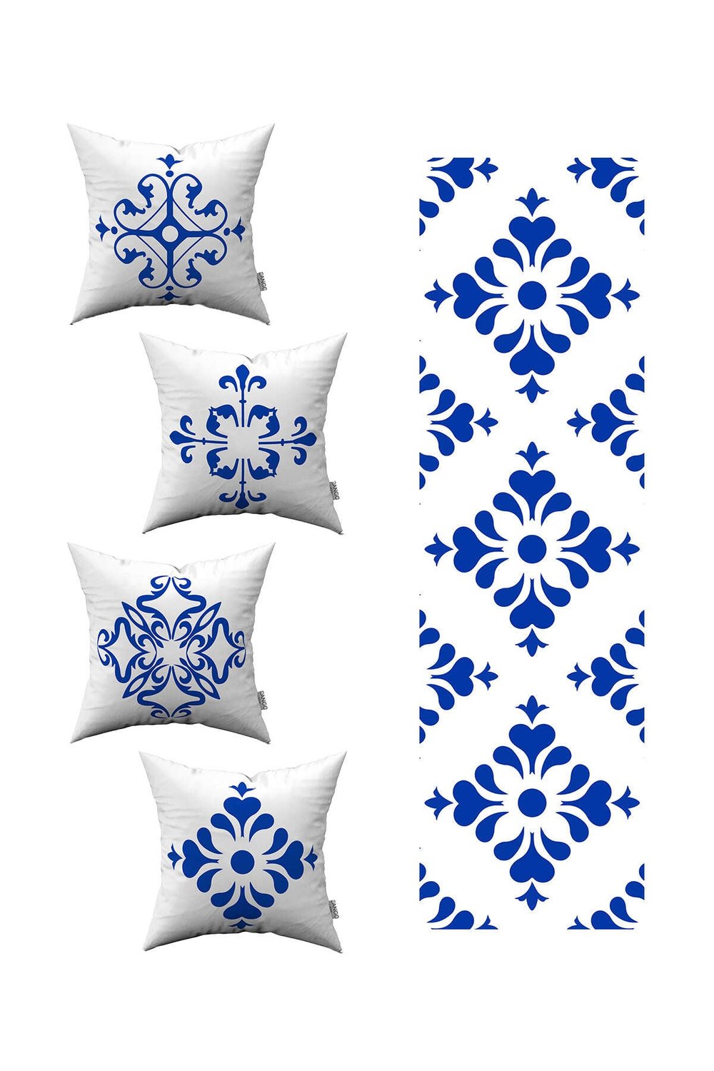 Beyaz Mavi Modern Etnik Karo Desenli 4lü Kırlent Kılıfı 1 Runner Seti 4kmbs98-RS-04