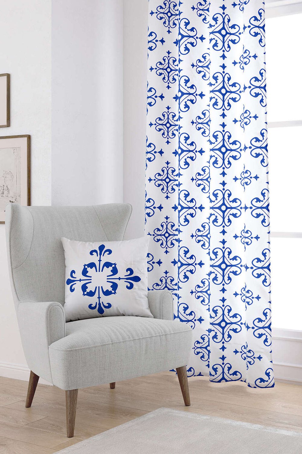Beyaz Mavi Modern Etnik Karo Desenli Dijital Baskılı Perde CGH568-PR