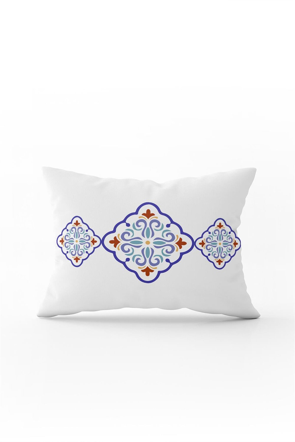 Beyaz Mavi Modern Etnik Karo Desenli Dijital Baskılı Kırlent Kılıfı-CGH573-3550 Çift Tarafı Baskılı