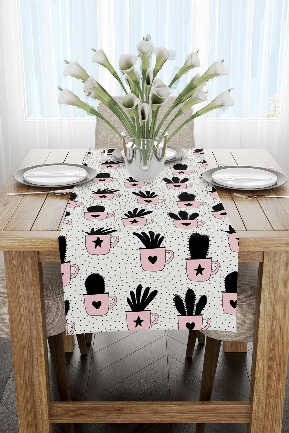 Beyaz Siyah Ananas Desenli Dijital Baskılı Runner CGH581-RN