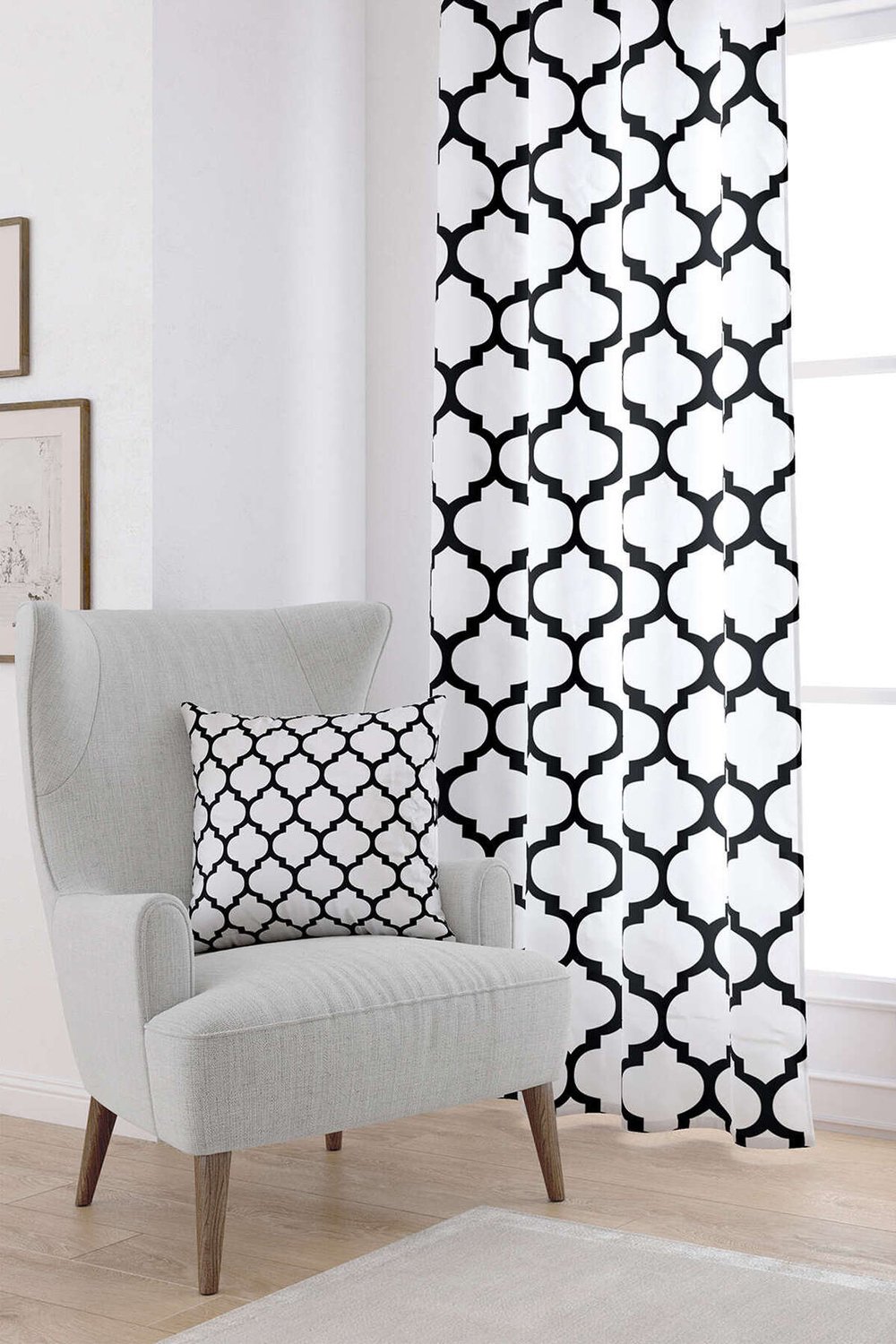 Beyaz Siyah Modern Geometrik Desenli Dijital Baskılı Perde OTYK551-PR