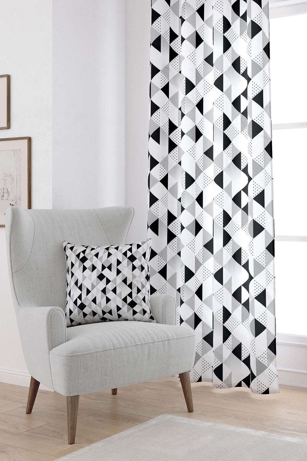 Beyaz Siyah Modern Geometrik Dijital Baskılı Perde CGH245-PR