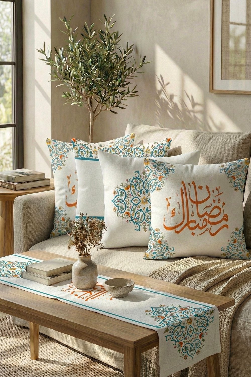 Mavi Turuncu Motifli Ramazan Temalı 4'lü Kırlent Kılıfı 1 Runner Seti 4kMBS332-RS