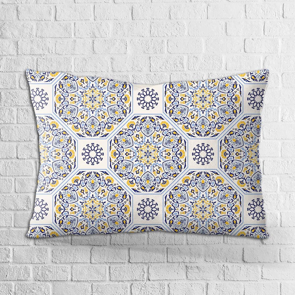 Çift Taraflı 35x50 Lacivert Sarı Retro Vintage Desenli Dijital Baskılı Kırlent Kılıfı - OTYK031-3550
