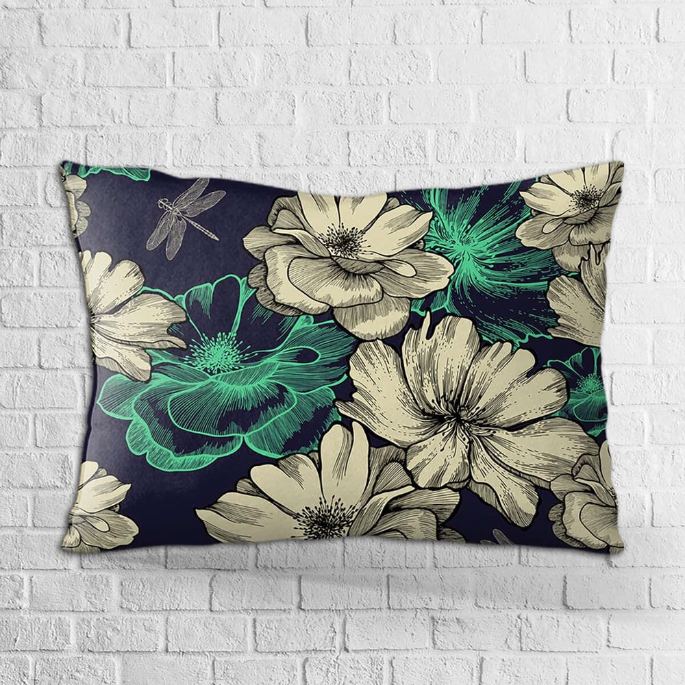 Çift Taraflı 35x50 Lacivert Yeşil Çiçek Desenli Dijital Baskılı Kırlent Kılıfı - OTYK315-3550