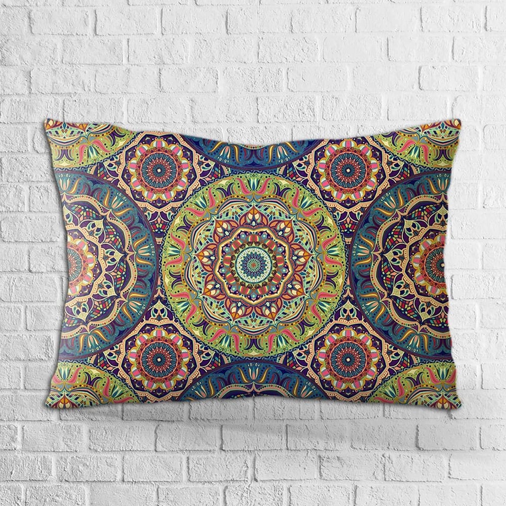 Çift Taraflı 35x50 Yeşil Çok Renkli Retro Vintage Desenli Dijital Baskılı Kırlent Kılıfı - OTYK019-3550