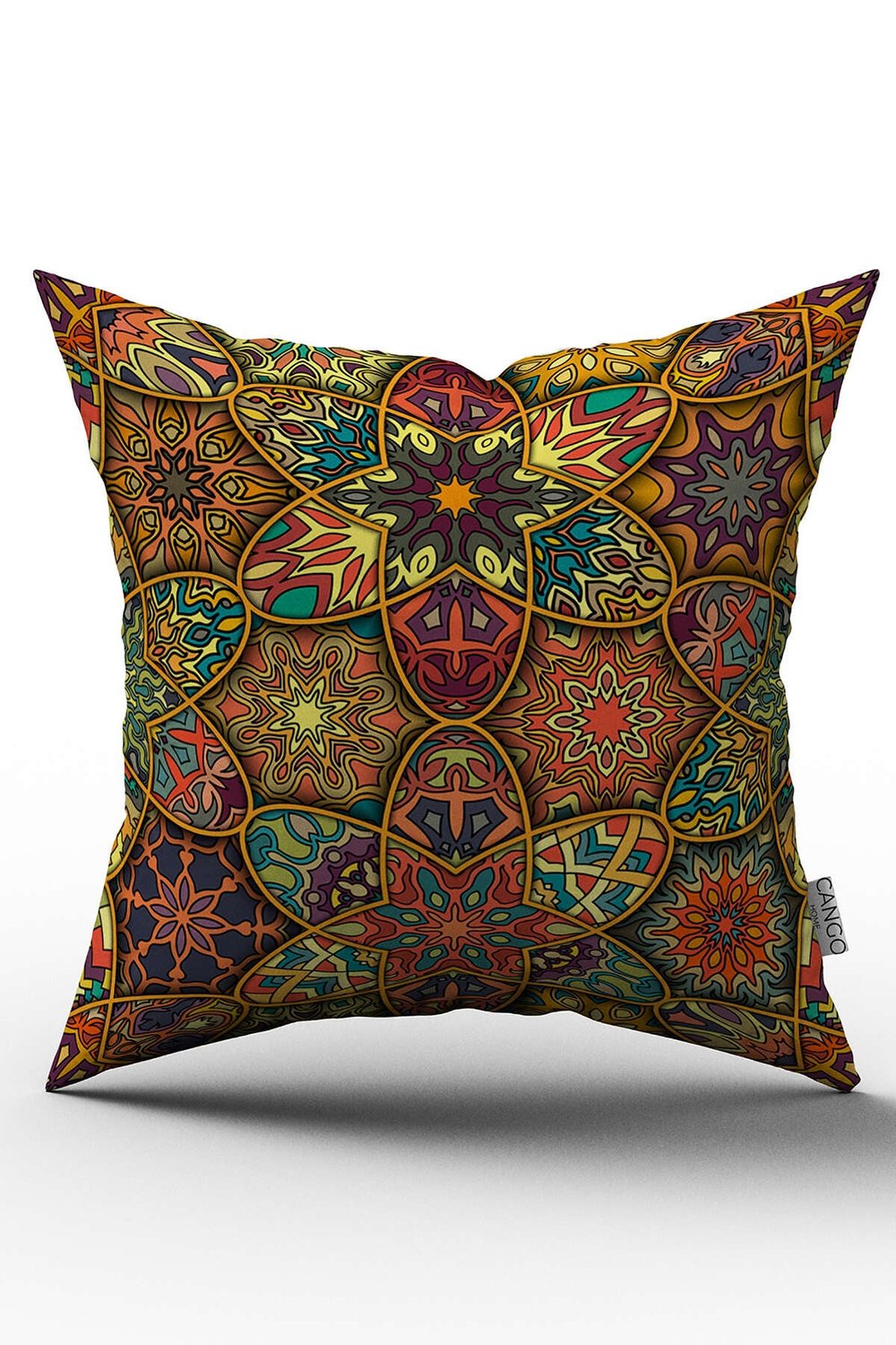 Çift Taraflı Sarı Çok Renkli Retro Vintage Desenli Dijital Baskılı Kırlent Kılıfı - OTYK273-CT